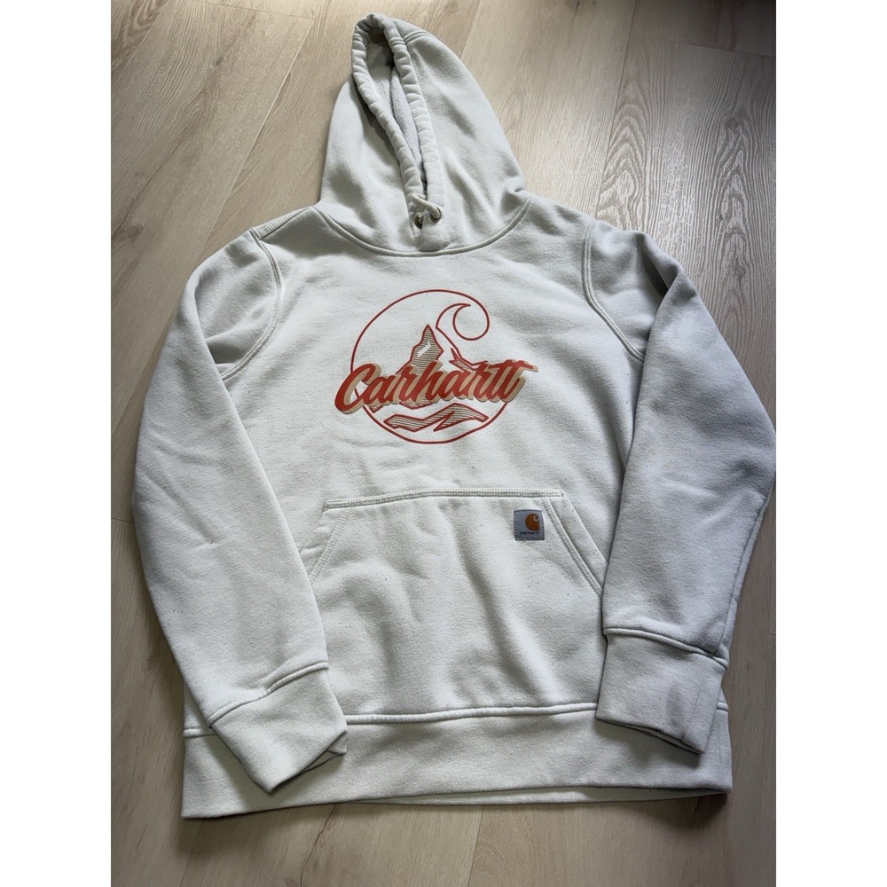 Carhartt Logo Hoodie Women's Size Small Relaxed Fit Outdoors Drawstring Ivory